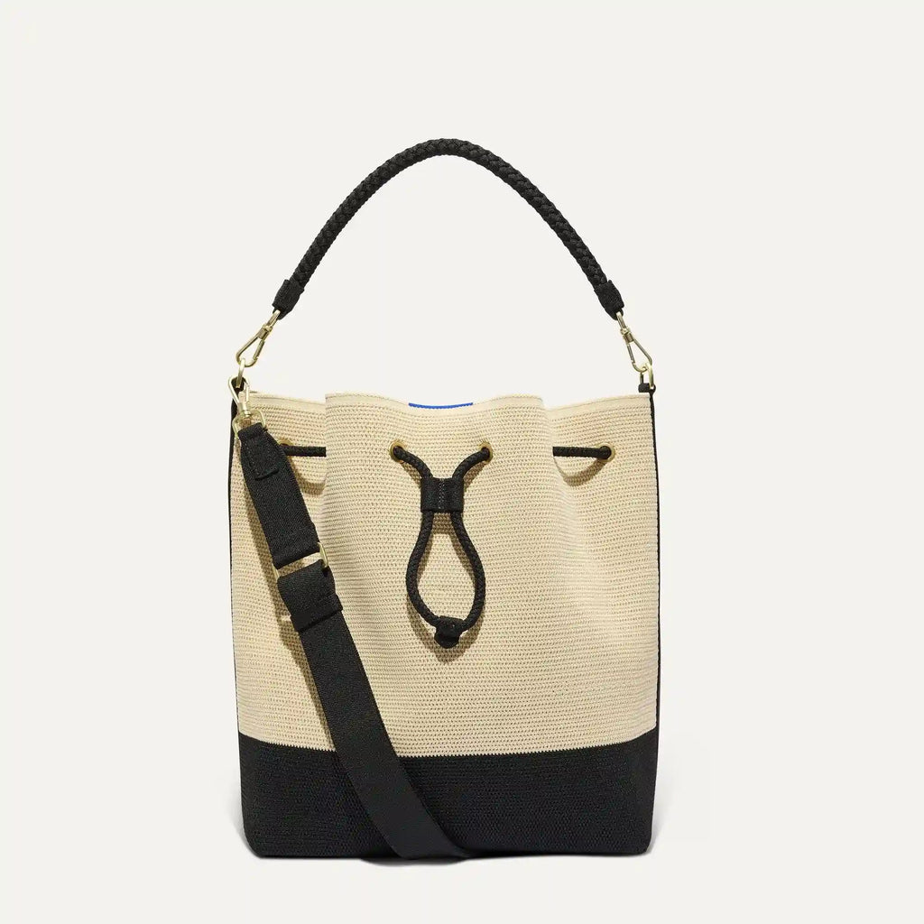 The Cinch Bucket Bag - Black and White Raffia-Knit